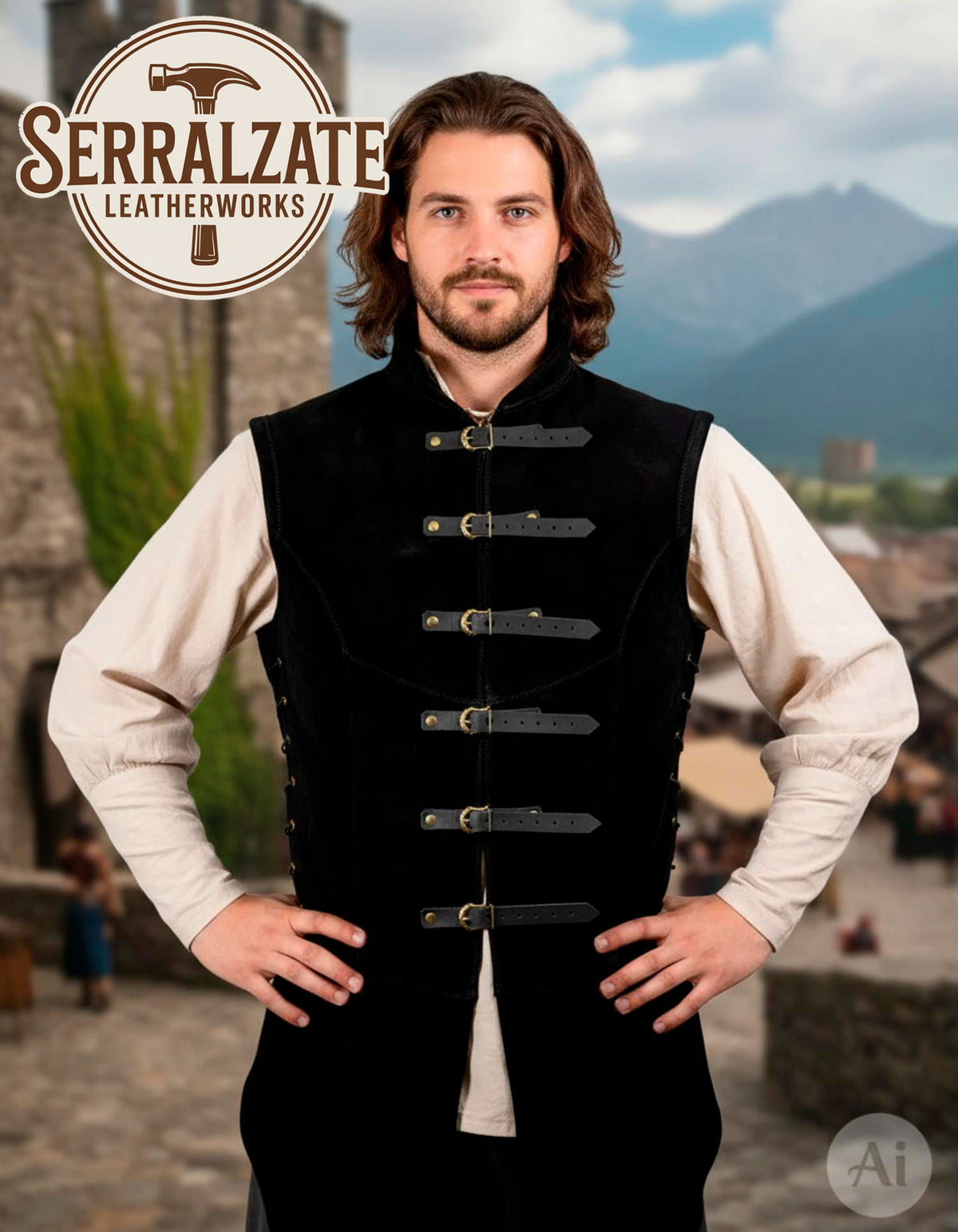 Chaleco medieval ajustable Arturo en ante negro