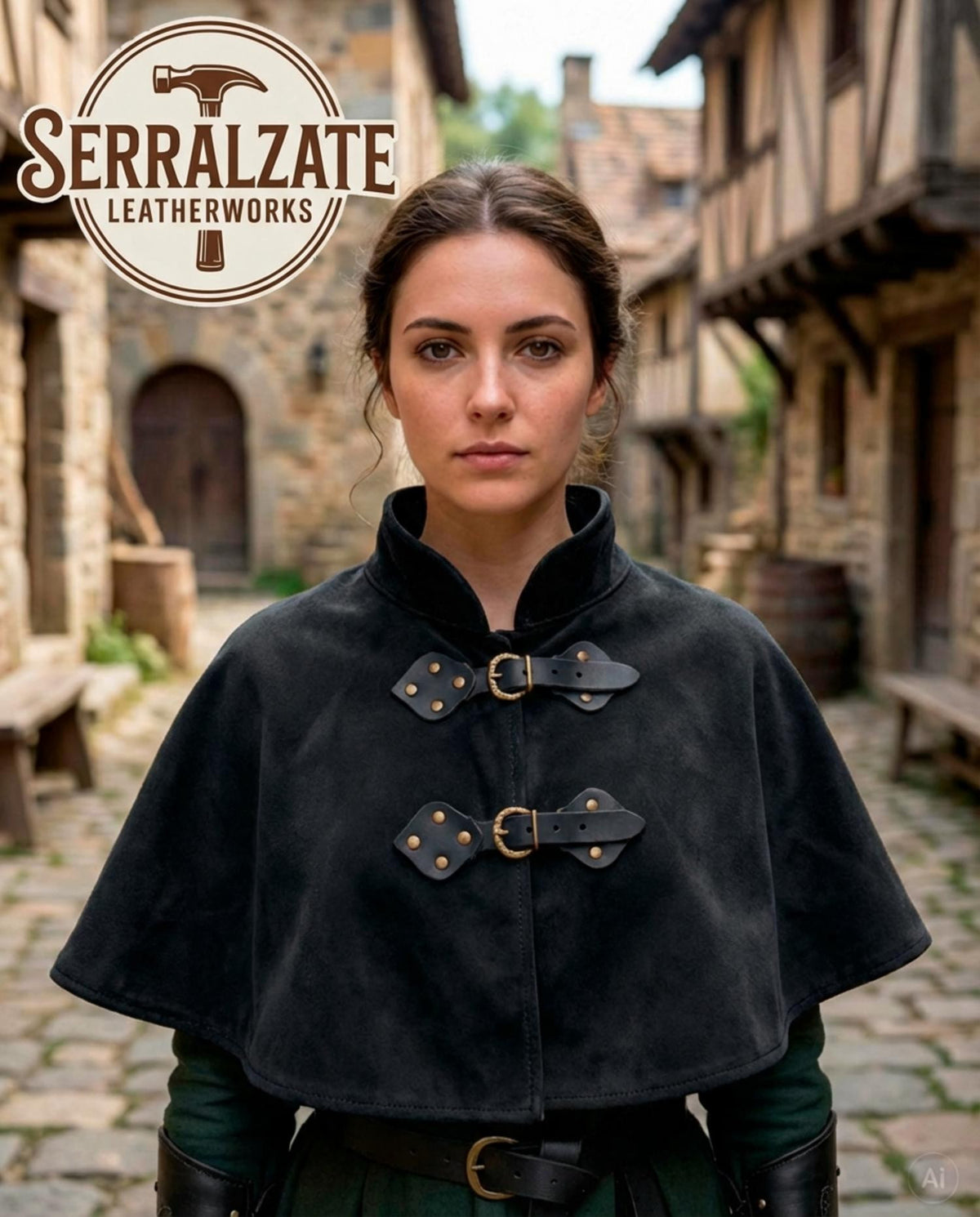 Esclavina Medieval en Cuero de ante para LARP, negro _IA