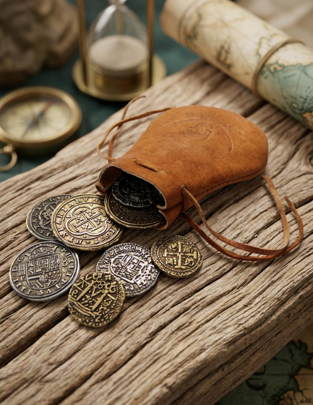 Bolsa de piel pirata con 8 monedas españolas_IA