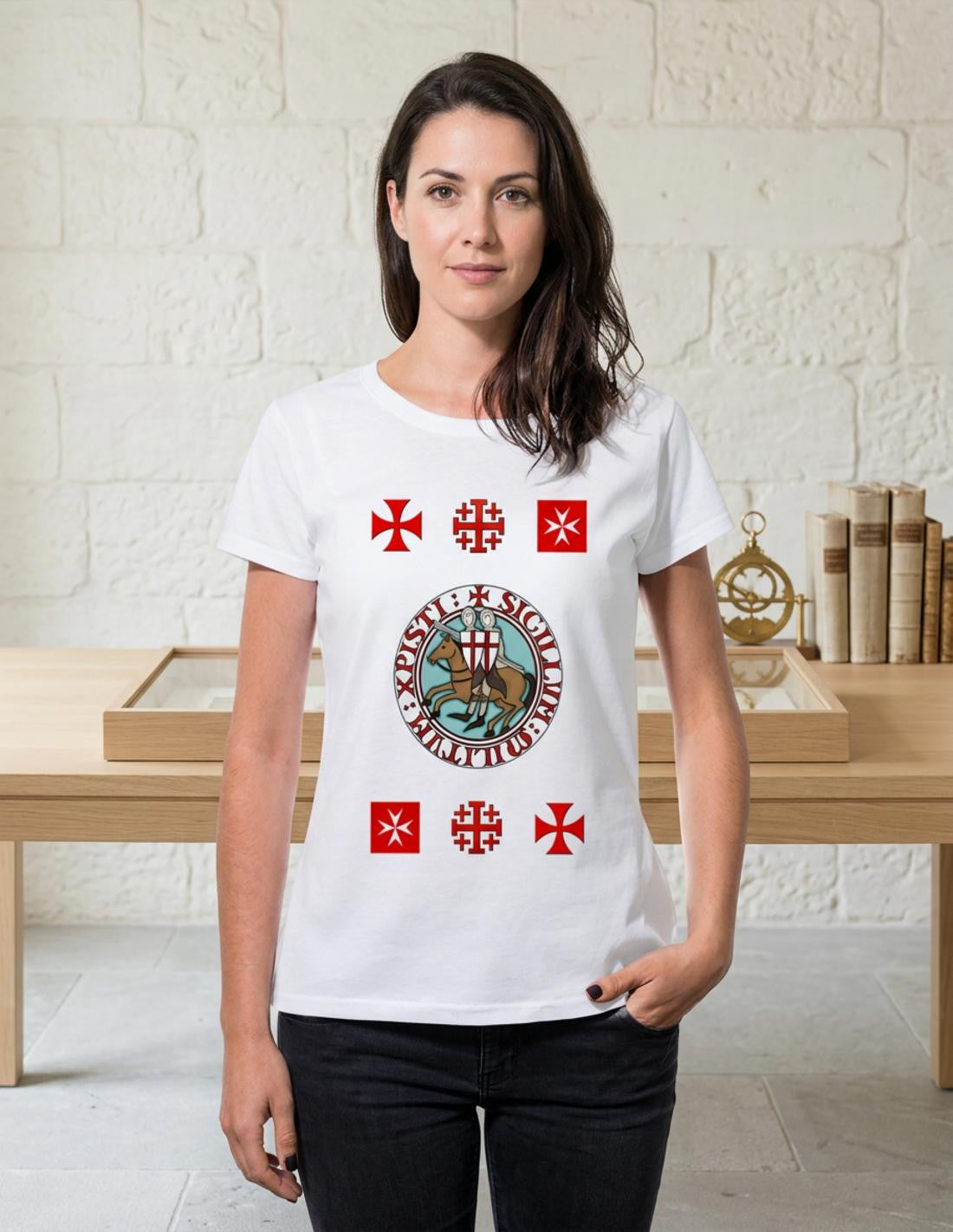 Camiseta Mujer Blanca Templarios con cruces, manga corta