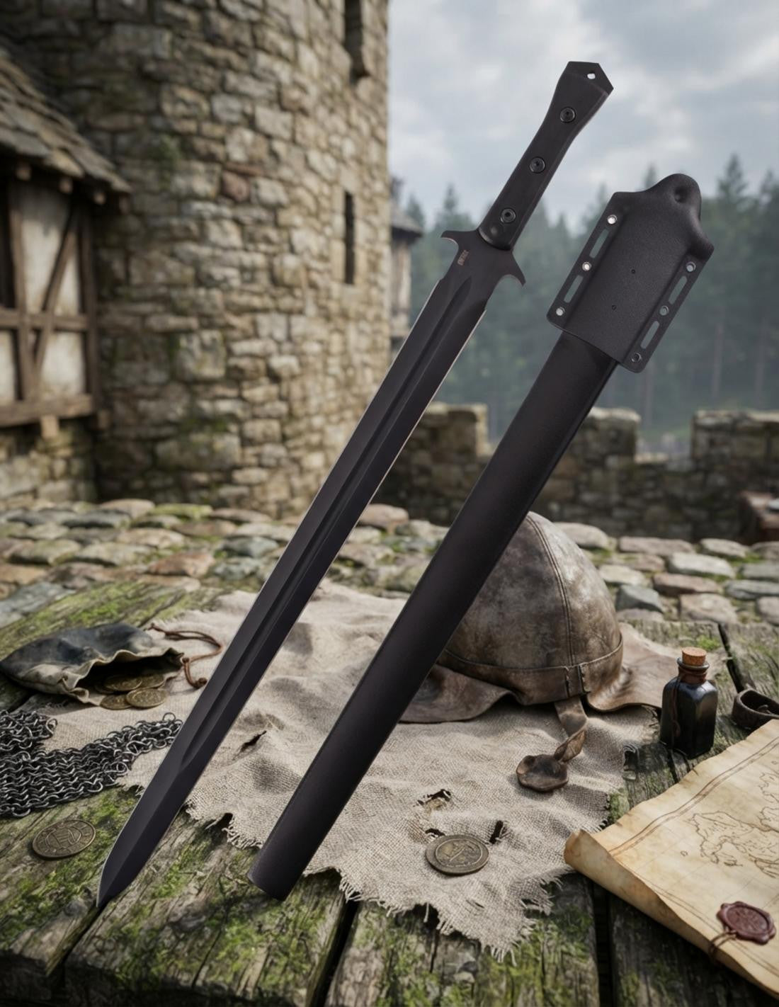 Espada afilada Apoc estilo Broadsword, con funda _IA