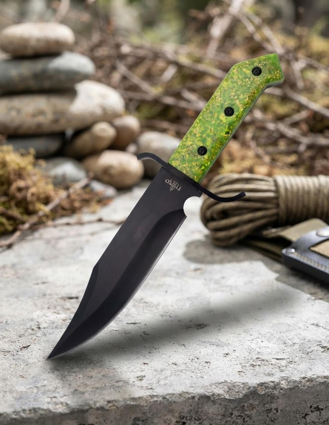 Cuchillo de caza Third estilo Bowie, mango verde fluorescente