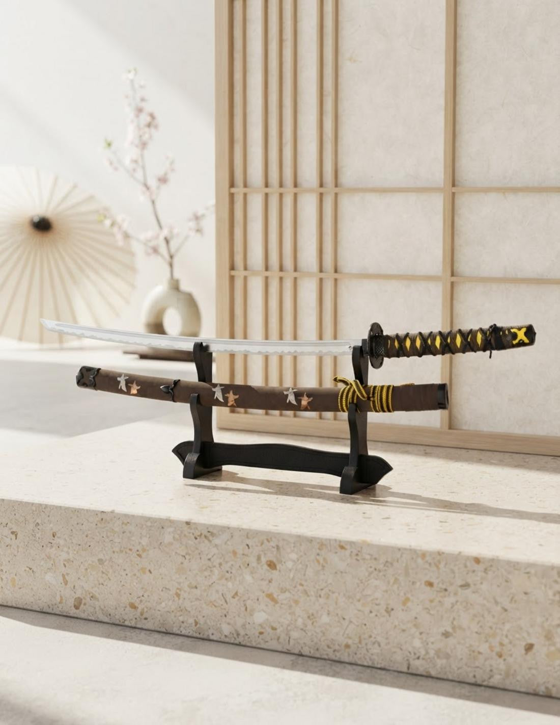 Katana decorativa TOLE10 vaina y mango marrones (con soporte)