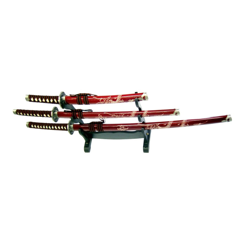 Set ornamental Dragón con Katana, wakizashi y tanto rojos