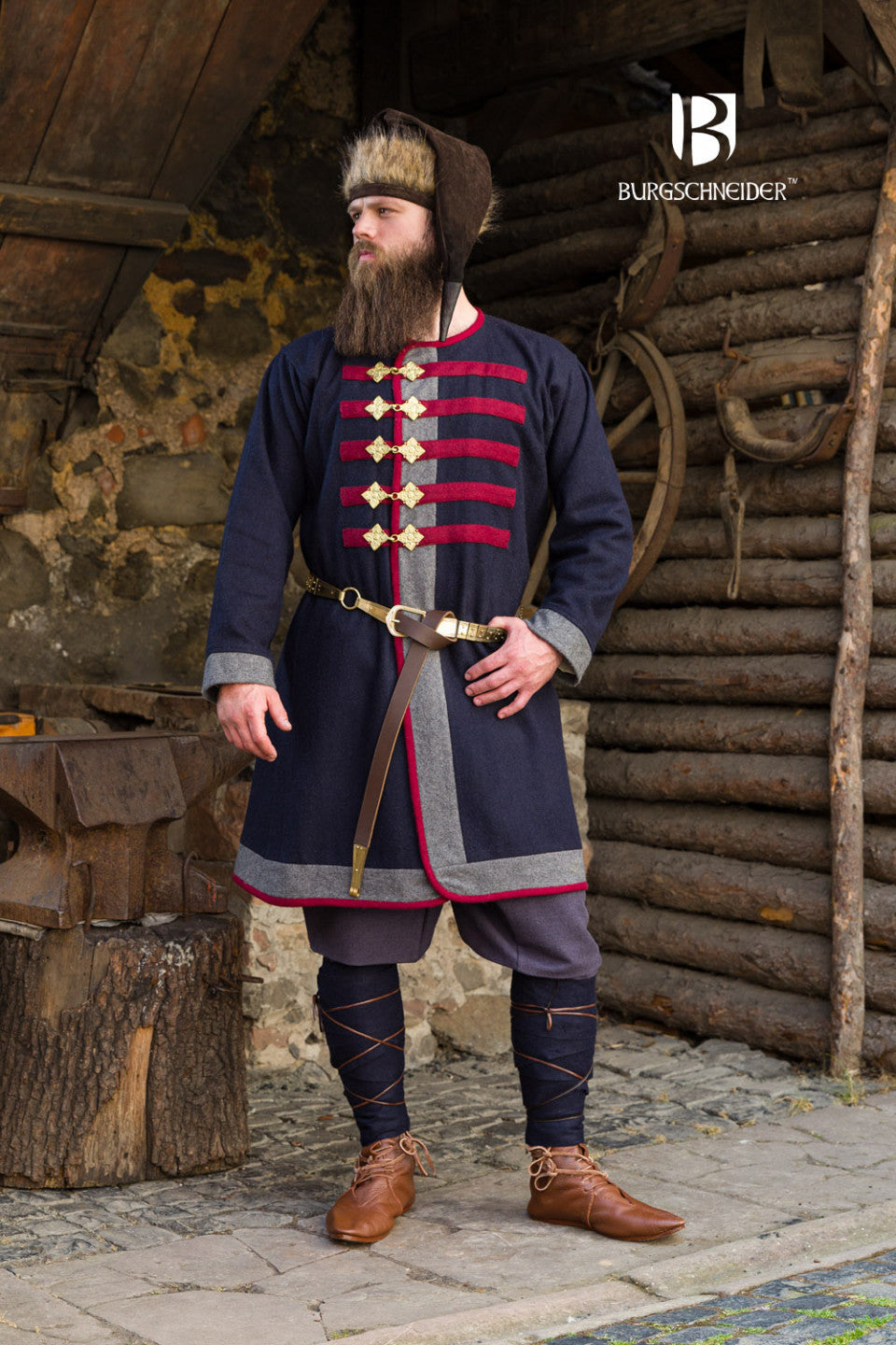 Abrigo medieval modelo Rus Kosma, Gris oscuro-Rojo