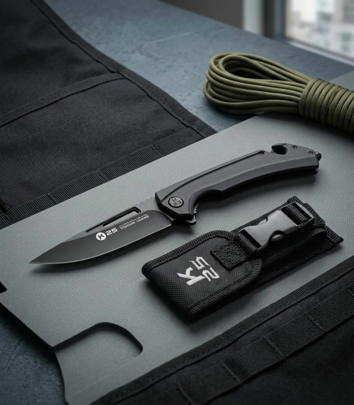 Navaja táctica K25 hoja calada mango G10, con funda_IA