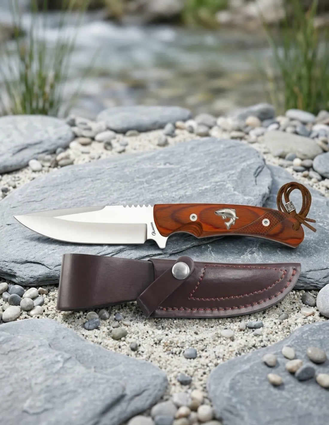 Cuchillo de aventura marca Albainox, chapa pesca_IA