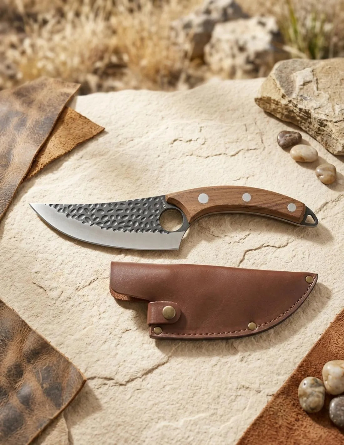 Cuchillo de caza Albainox hoja curva mango madera, con funda_IA