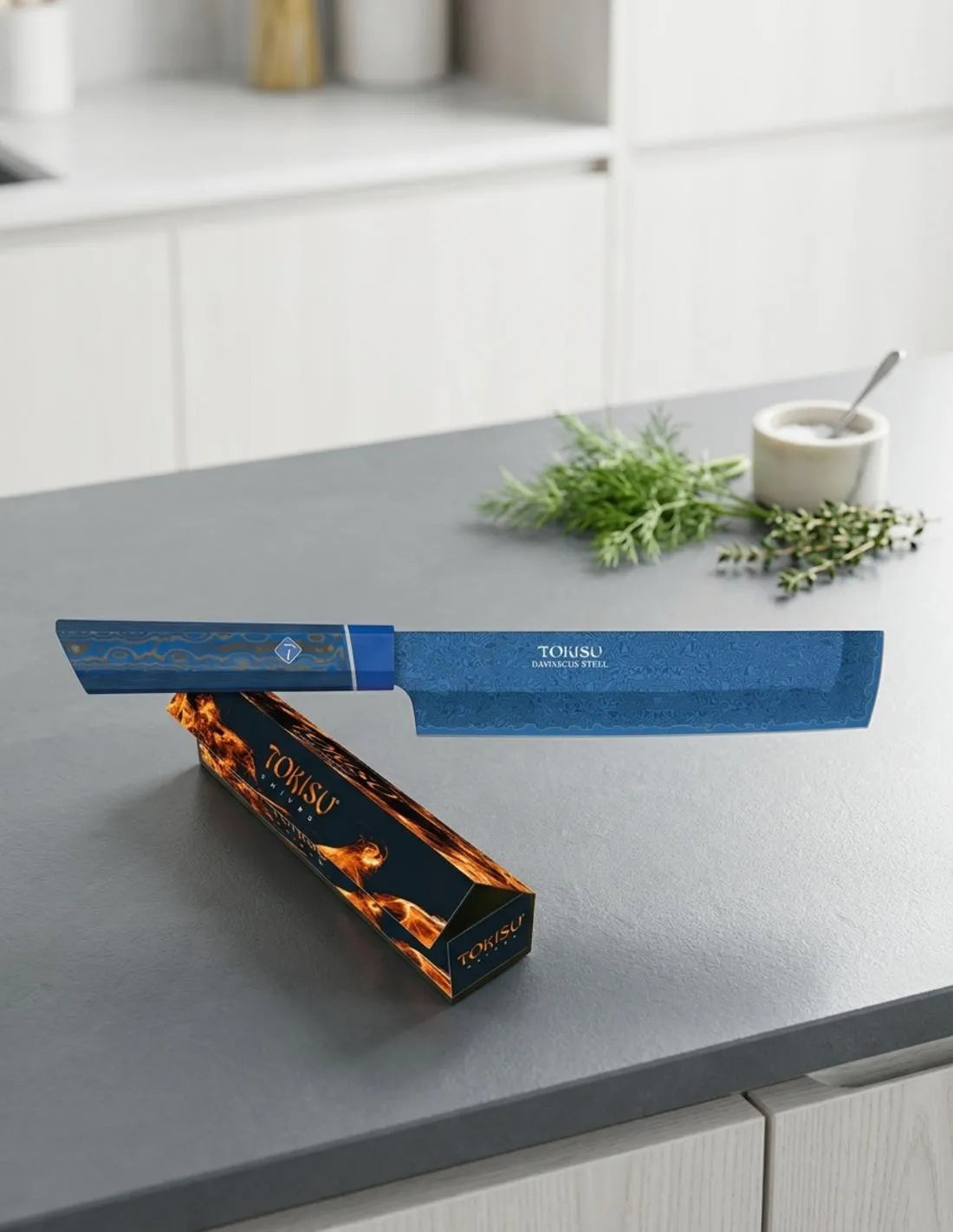 Cuchillo de cocina TOKISU modelo NAKIRI, azul